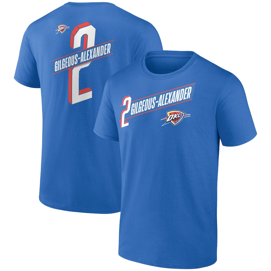 Men's Oklahoma City Thunder #2 Shai Gilgeous-Alexander Blue Full-Court Press Name & Number T-Shirt Men's Oklahoma City Thunder #2 Shai Gilgeous-Alexander Blue Full-Court Press Name & Number T-Shirt